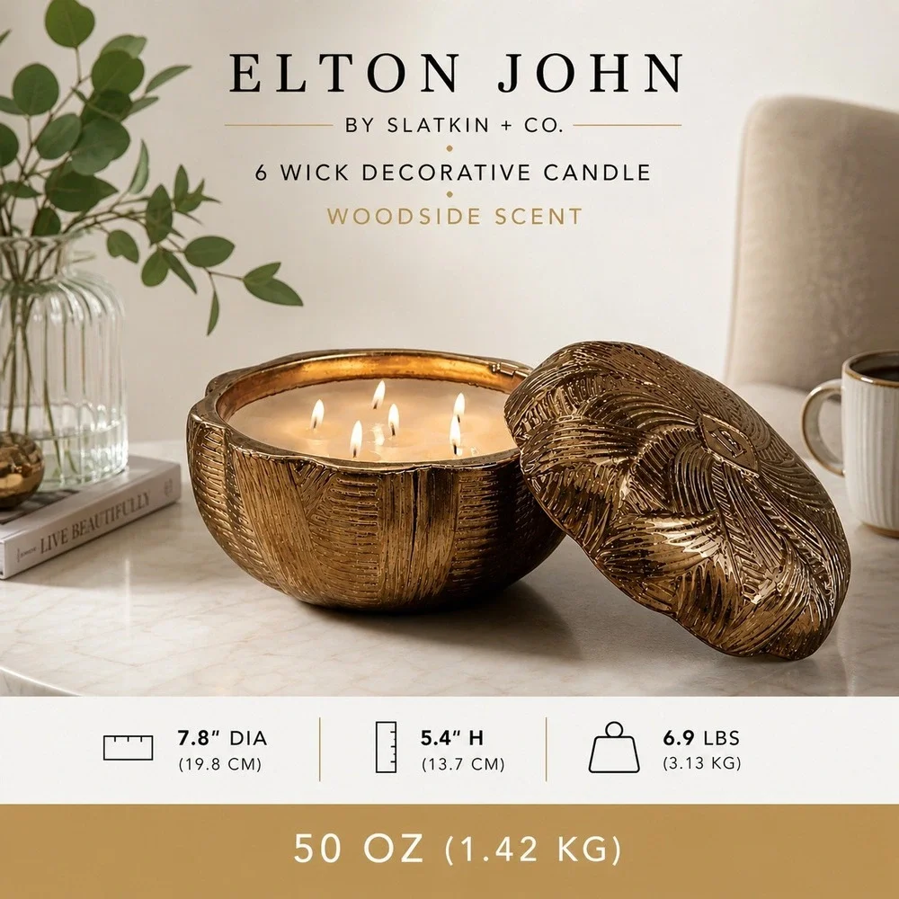 Elton John Slatkin & Co Woodside 6 Wick 50oz Gold‎ Ceramic Candle Holiday New